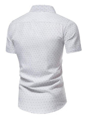 Men's white slim fit short sleeve shirt with a subtle dotted pattern.