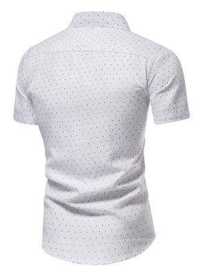 Men's white slim fit short sleeve shirt with a subtle dotted pattern.