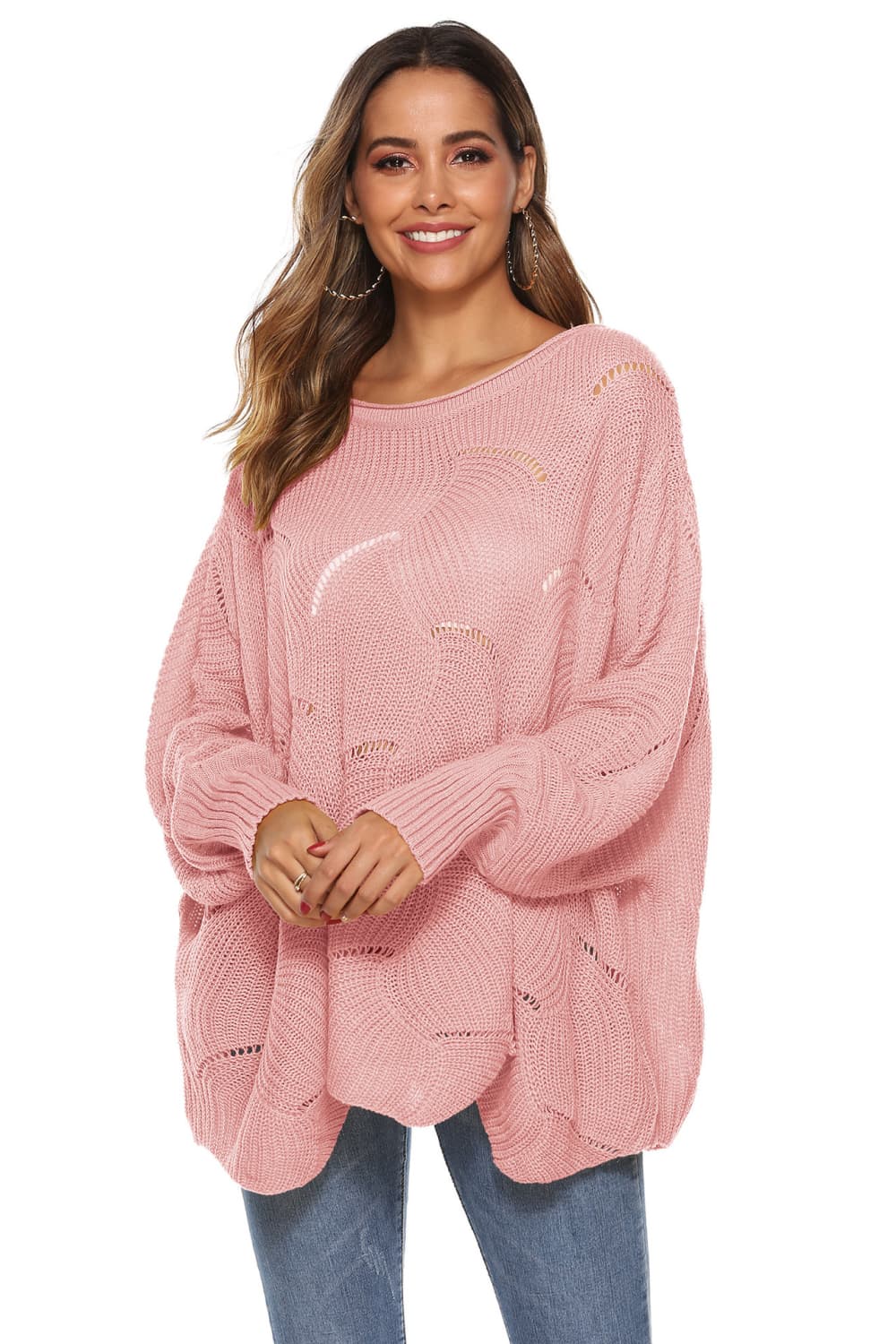 Dusty Pink openwork cocoon sleeve knit sweater with boat neck and acrylic material.