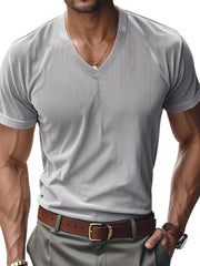Grey ribbed V-neck t-shirt with short sleeves and a slim fit.