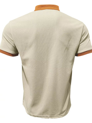 Men's light gray short sleeve tee with textured fabric and apricot trim.