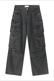 Baggy dark wash denim cargo pants with multiple utility pockets.