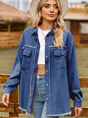 Misty Blue overshirt with frayed edges and patch pockets, button front, long sleeves.