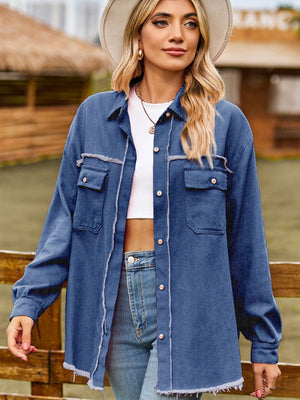 Misty Blue overshirt with frayed edges and patch pockets, button front, long sleeves.