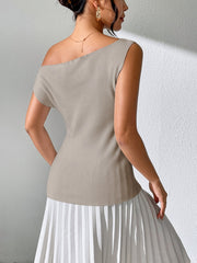 Mocha ribbed knit asymmetric top with one shoulder and short sleeves.