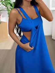 Scoop neck cami and maxi dress duo in bright blue with double straps and a flowing skirt.