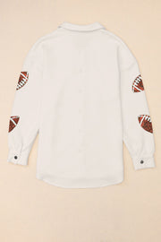 White textured overshirt with football appliqué on sleeves.