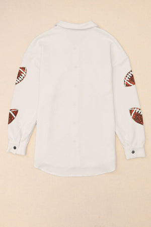 White textured overshirt with football appliqué on sleeves.