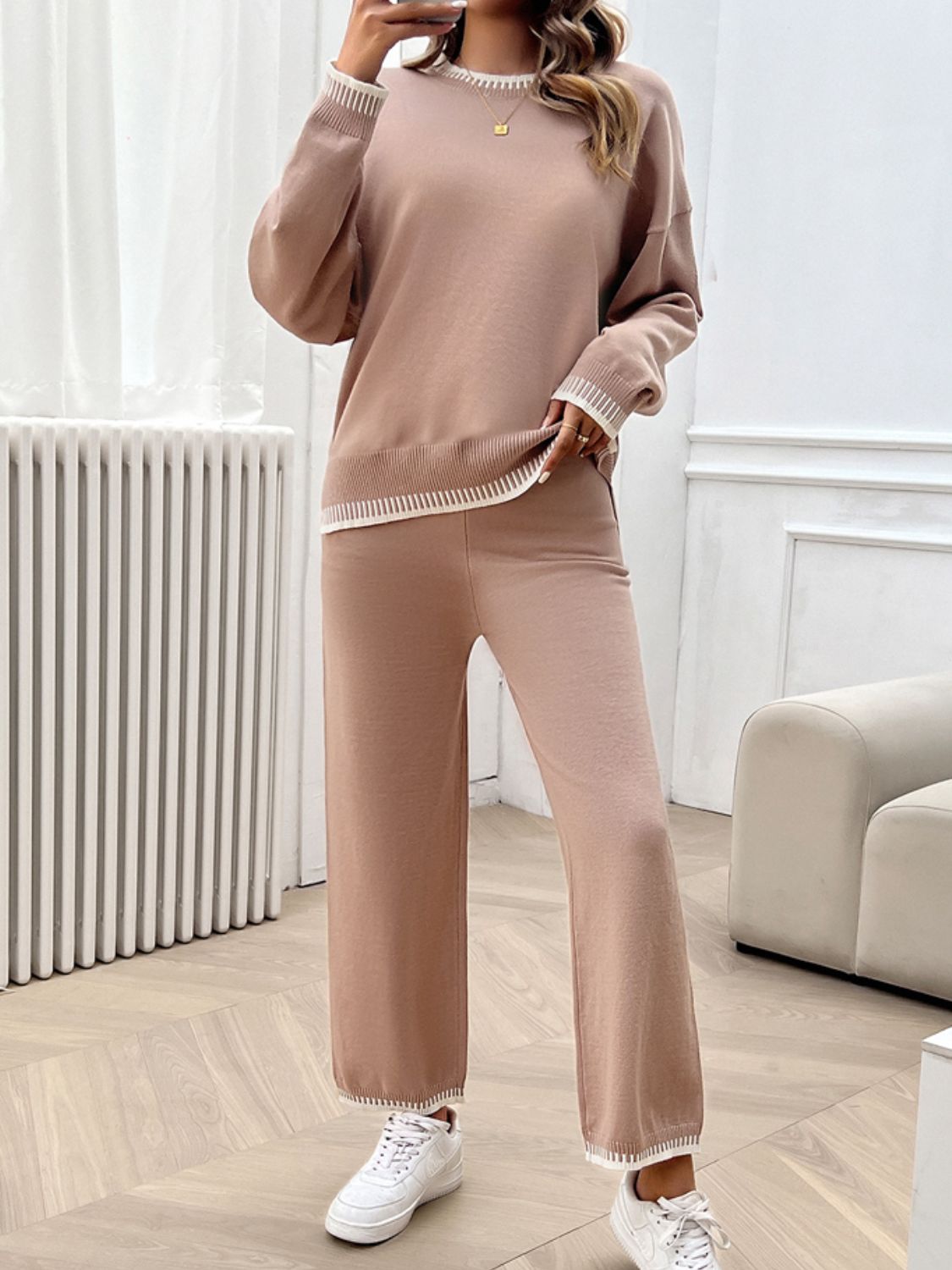 Pale Blush knit lounge set with ribbed trim on neckline, cuffs, and hem.