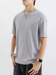 Men's light gray cotton crew neck t-shirt with short sleeves.