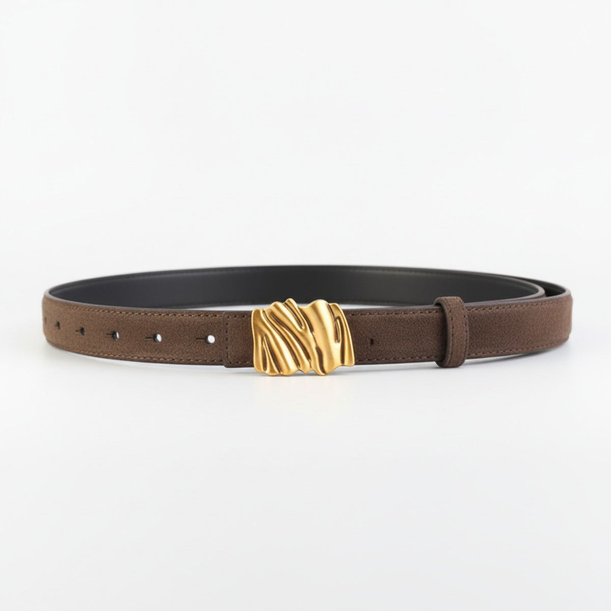 Brown cowhide leather belt with abstract gold buckle detail