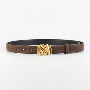 Brown cowhide leather belt with abstract gold buckle detail