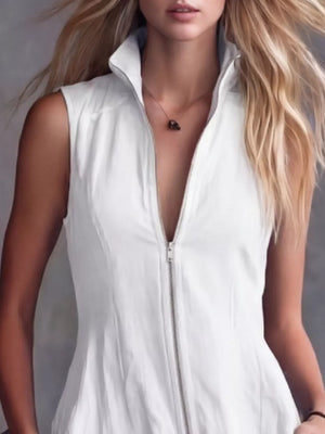 White sleeveless high-low dress with a deep V-neck zipper and collar.