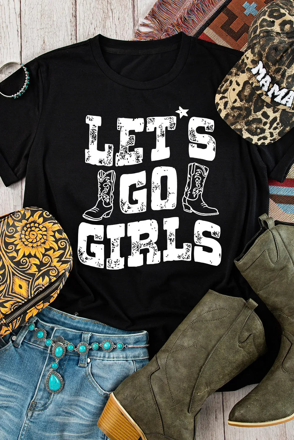 Black graphic tee with distressed Let's Go Girls text and cowboy boot graphics.