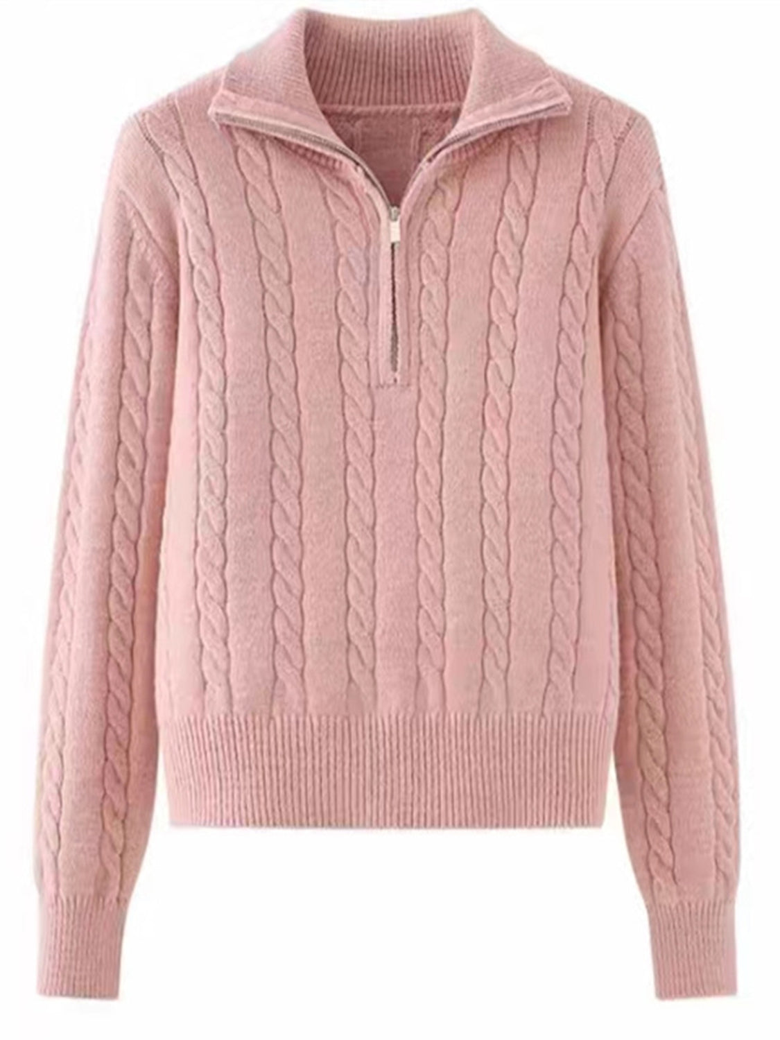 Dusty Pink cable knit quarter-zip pullover sweater with a collared neckline.