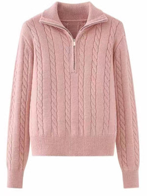 Dusty Pink cable knit quarter-zip pullover sweater with a collared neckline.