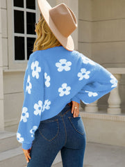 Blue acrylic floral puff sleeve cardigan with white flowers, relaxed fit