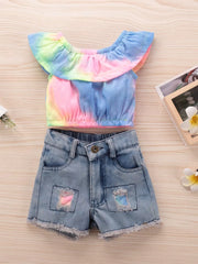 Children's Tie-dye Ruffle Crop Top & Shorts Set in Blue, side view