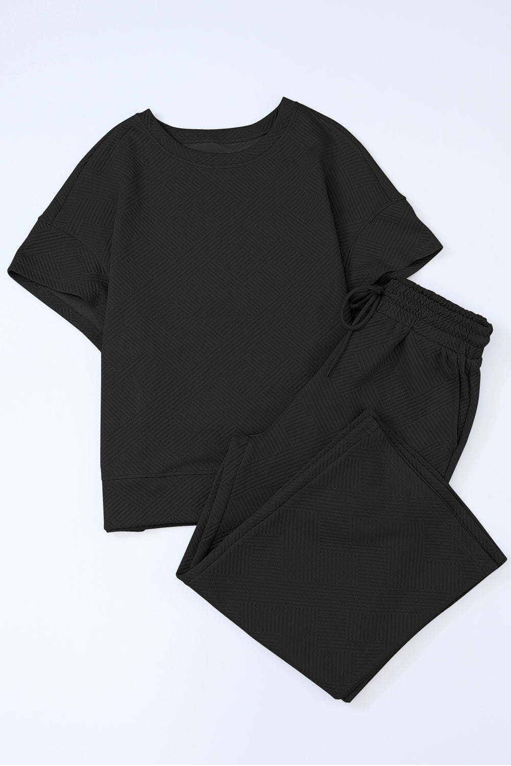 Black textured knit tee and wide leg pants set with drawstring waist