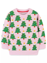 Pink Christmas tree print crewneck sweatshirt with stars.