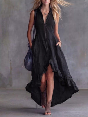 Black high-low ruffled dress with zipper front and collar, sleeveless.