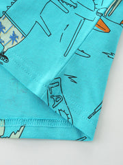 Aqua 100% cotton toddler t-shirt with playful cartoon alligator print and stitched hem.
