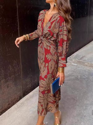 Printed V-neck Long Sleeve Twisted Midi Dress Plus Size in Dark Green, front view