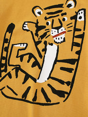 Toddler yellow cotton crew neck t-shirt with a black and white tiger graphic print.