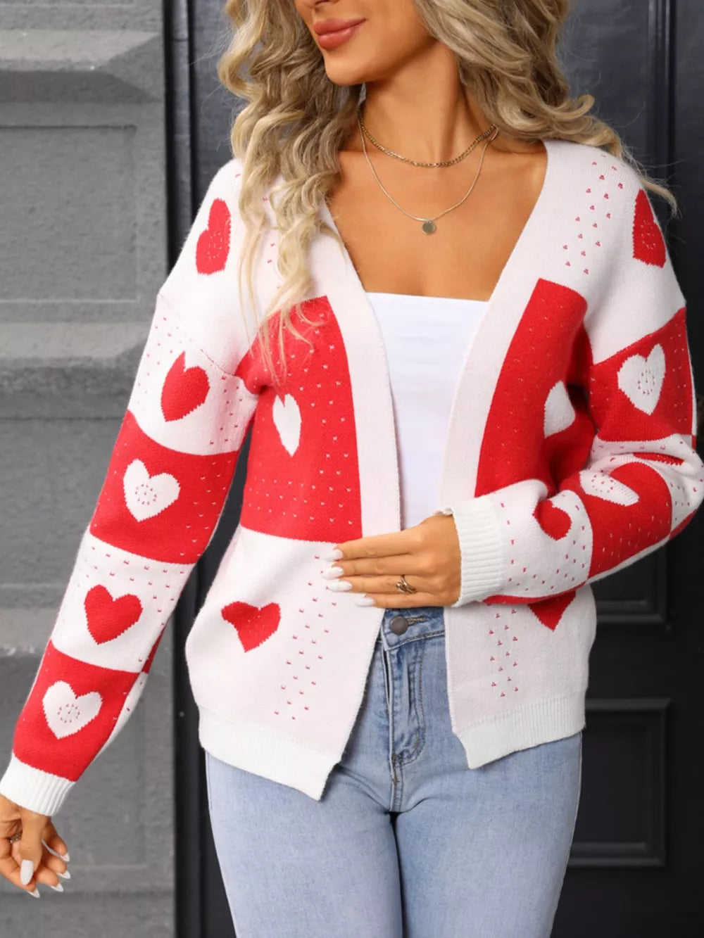 Heartfelt Knit Cardigan in Deep Red and White with a heart motif.