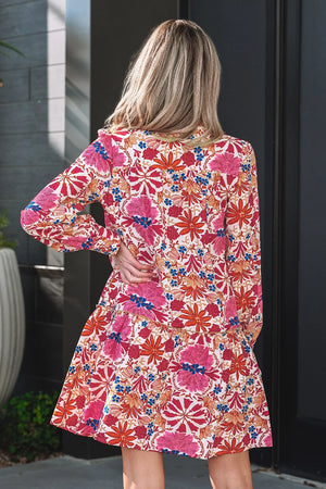 Fall Flower Print Long Sleeve Mini Dress in Dusty Pink, close-up detail