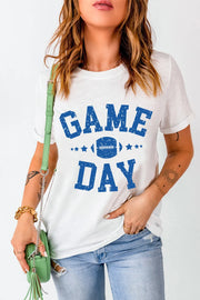 White t-shirt with blue "GAME DAY" graphic and football icon