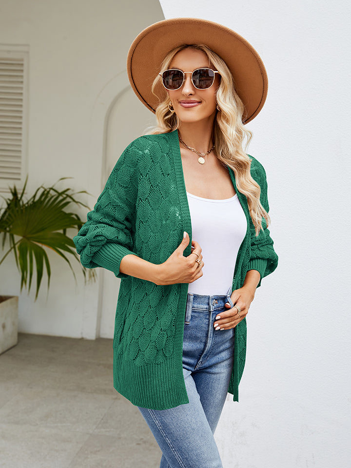Mid Green open-knit cardigan with balloon sleeves and textured pattern.