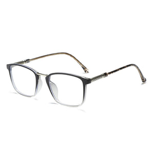 Premium anti-light glasses with clear acetate frames and patterned temples.