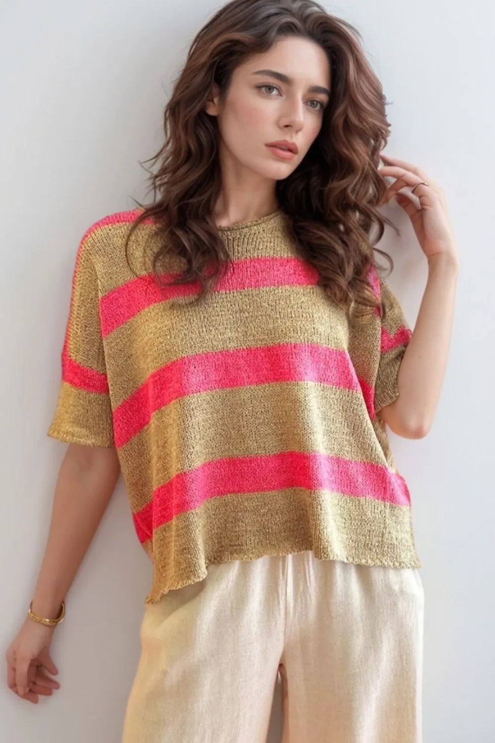 Metallic Stripe Boxy Tee with pink stripes and short sleeves.