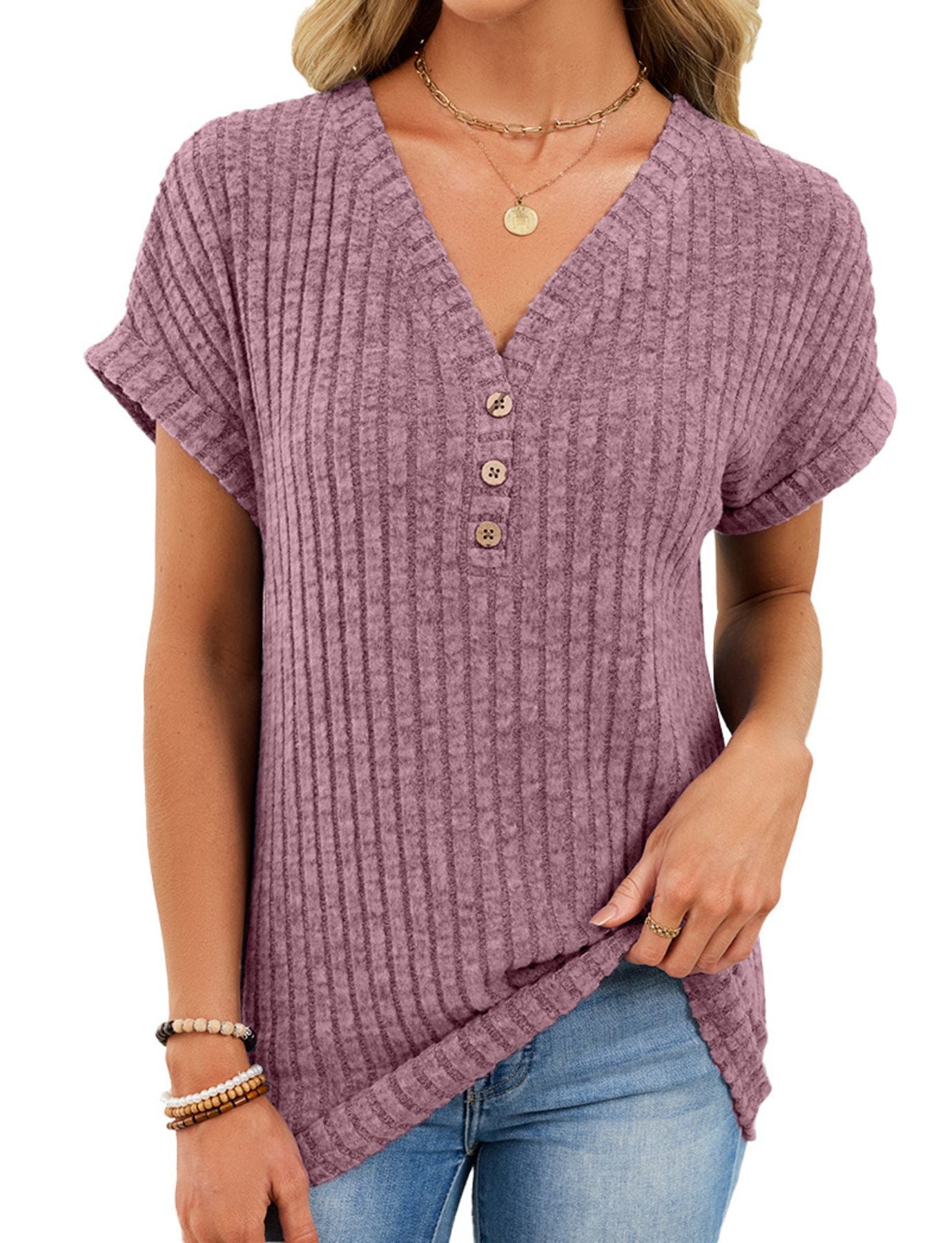 Ribbed knit v-neck t-shirt with buttons in dusty rose, short sleeves, casual style.