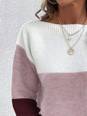 Colorblock ribbed knit sweater with boatneck in white, pink, and burgundy.