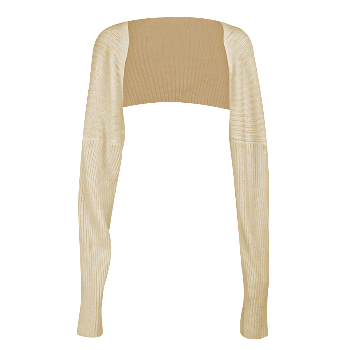 Camel ribbed knit shrug with extended sleeves and a cropped fit