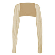 Camel ribbed knit shrug with extended sleeves and a cropped fit