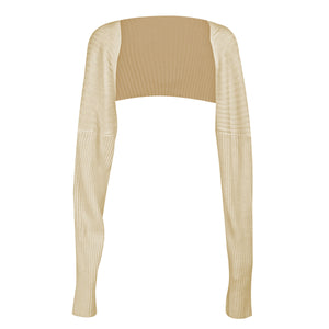Camel ribbed knit shrug with extended sleeves and a cropped fit