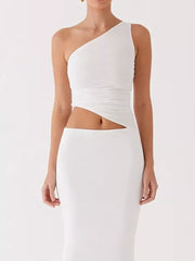 White one-shoulder cutout maxi dress with ruched detail