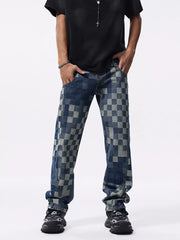 Checkerboard pattern relaxed fit jeans in blue denim with a contemporary checkerboard print.