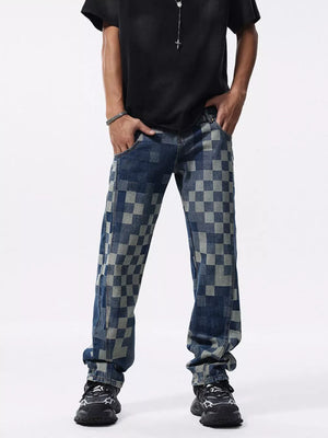 Checkerboard pattern relaxed fit jeans in blue denim with a contemporary checkerboard print.