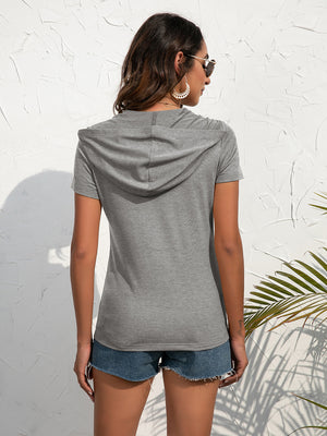 Zip-front hoodie tee in dark gray with short sleeves and a relaxed fit.