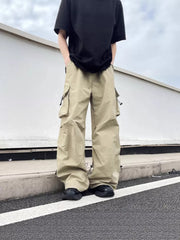 Khaki cargo sweatpants with multiple pockets and adjustable drawstring hems.