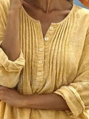 Casual Button Detail Long Sleeve Linen Shirt in Yellow, back view