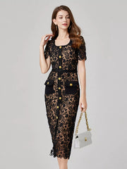 Black lace midi dress with gold buttons, belt, and pocket details.