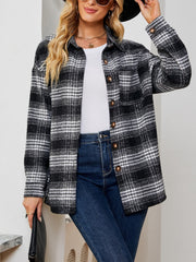 Black and white plaid shacket with oversized button detail and chest pockets.
