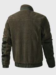 Army green sherpa fleece zip-up jacket with contrast sleeves and collar.