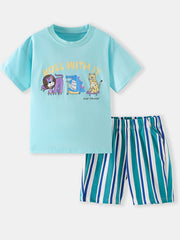 Light blue cotton t-shirt with playful animal graphic and striped shorts for boys.
