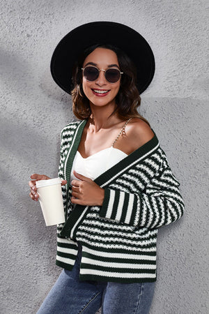Chevron stripe knit cardigan in black forest with button front and open neckline.
